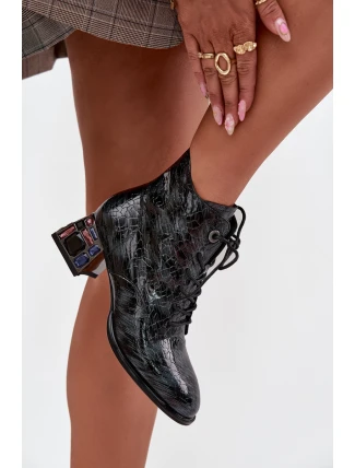 Dámské lakované boty Artiker – šedé, z přírodní kůže, na podpatku s krystalky