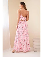Dámské maxi květované šaty na ramínkách s vázáním na zádech cukrově růžová