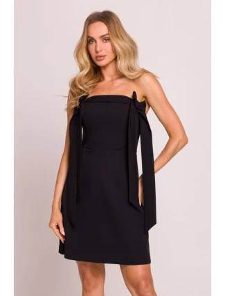 M851 Šaty na ramínka s mašlemi - černé