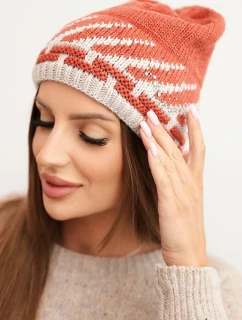 Dámská zimní čepice z vlny s geometrickým vzorem a kamínky K469 ruda