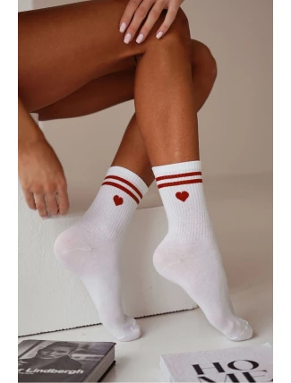 Dámské bavlněné ponožky s bordó srdcem a proužky – bílé