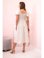 Dámské viskózové šaty s nabíranými rukávy a volánkovým topem béžový Dámské viskózové šaty s nabíranými rukávy a volánkovým topem béžový