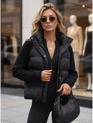Dámská prošívaná péřová bunda s pletenými rukávy, černá, FashionStreet TY5930