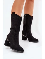 Dámské perforované kozačky do poloviny lýtka ve stylu kovbojek S.Barski – černé, eko kůže