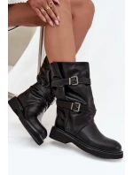 Vlnité dámské kozačky do poloviny lýtek s pásky a sponami Černé Halvessa