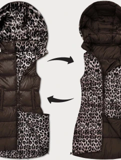 Hrubší oboustranná vesta v čokoládové barvě s panteřím vzorem a s odepínací kapucí (T5-2602#-103)