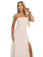 663-1 ELARA korzetové maxi šaty s rozparkem a zavazováním na zádech - béžové