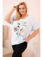 Dámská blůza Plus Size z viskózy s květinovým potiskem a nápisem modrá