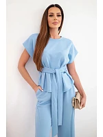 Dámský komplet z měkkého úpletu s halenkou s krátkým rukávem a širokými kalhotami modrý Dámský komplet z měkkého úpletu s halenkou s krátkým rukávem a širokými kalhotami modrý