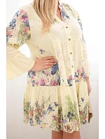 Dámské bavlněné šaty Plus Size s výstřihem do V a knoflíky květinový vzor žlutá