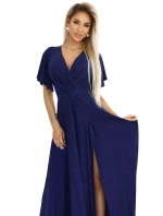 581-5 JENNIFER třpytivé dlouhé šaty s rukávy a výstřihem - GRANITOVÁ S BROKEREM