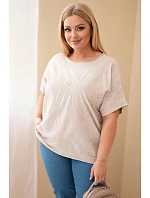 Dámská bavlněná halenka Plus Size s vyšívanými květinami béžová