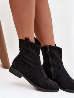 Dámské kotníkové boty s ažurovým vzorem na plochém podpatku S.Barski – černé