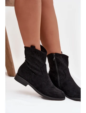 Dámské kotníkové boty s ažurovým vzorem na plochém podpatku S.Barski – černé Dámské kotníkové boty s ažurovým vzorem na plochém podpatku S.Barski – černé