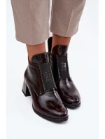 Dámské zateplené lakované kotníkové botky na blokovém podpatku s ozdobným detailem – bordó Zazoo