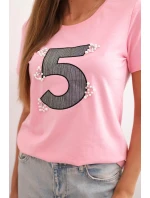 Dámská bavlněná blůza s krátkým rukávem a nášivkou s perlami světle růžová Dámská bavlněná blůza s krátkým rukávem a nášivkou s perlami světle růžová