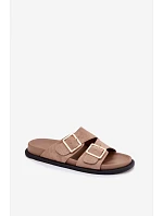 Dámské pantofle z imitace semiše s zlatými přezkami tmavě béžové Selissea