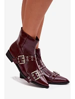 Lakované dámské kotníkové boty na plochém podpatku s pásky a přezkami Bordó Hamira