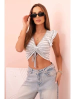 Dámská pruhovaná blůza s nařasením a volánky šedá