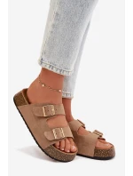 Dámské pantofle na korkové platformě se zlatými sponami tmavě béžové Tovessa