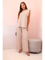 Dámský komplet z viskózy bez rukávů a rovnými kalhotami tmavě béžový