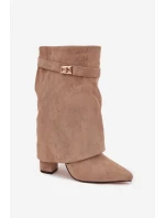 Zateplené dámské kotníkové boty na podpatku s ozdobným páskem khaki Luvielle