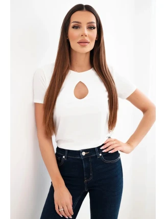 Dámská viskózová žebrovaná halenka s ozdobným výstřihem u dekoltu bílá