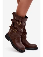 Vlněné dámské kozačky do poloviny lýtka s pásky a přezkami hnědé Halvessa