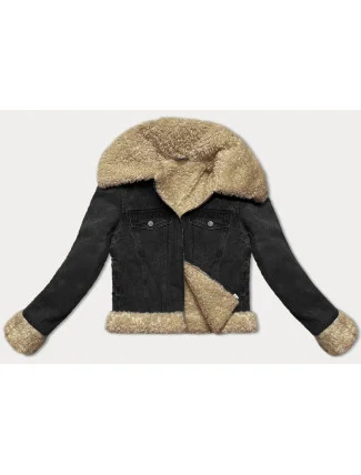 Jeansowa kurtka na podszewce typu baranek J Style wytarty czarny/beż (11Z8217)