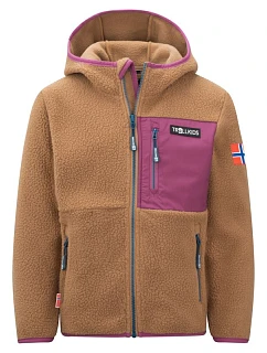 Trollkids Dětská fleecová bunda Aurlandsfjord s kapucí bez zipu hnědá (466-823)