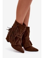 Dámské kotníkové boty na podpatku s třásněmi a zlatými sponami hnědé Evelisse Botki Damskie