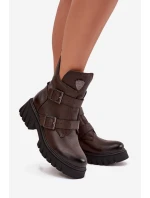 Kožené zateplené dámské boty s přezkami a ozdobným detailem Zazoo 60482 čokoládové