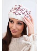 Dámská zimní čepice s barevnými vzory a silným nápletem K353 ecru+czerwony