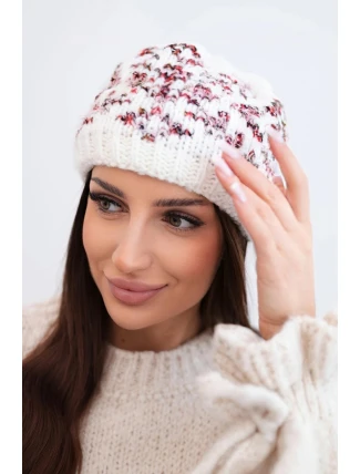 Dámská zimní čepice s barevnými vzory a silným nápletem K353 ecru+czerwony