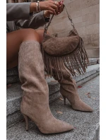 Nafukovací dámské kozačky na podpatku z eko semiše béžové Noretta