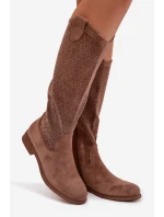 Dámské kozačky s perforovaným vzorem na nízkém podpatku S.Barski HY61-8022 Hnědé