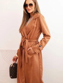 Dámský semišový kabát s vázáním v pase, límcem a knoflíky camelový