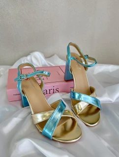 Eko Kožené Sandály Na Podpatku Modro-Zlaté Abilica