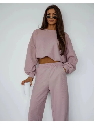 Dámský komplet s vaflovou strukturou v pudrově růžové barvě - mikina a kalhoty (821108)