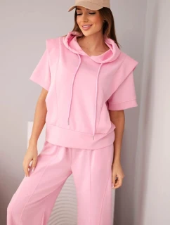Dámská souprava máslová mikina s kapucí a volné kalhoty se šňůrkou cukrově růžová