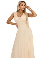 637-4 Dlouhé maxi šaty s brokátovými třpytkami a hlubokým výstřihem - šampaňsko-béžové