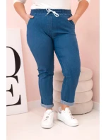 Dámské bavlněné kalhoty Plus Size s elastickým pasem a zavazováním denim Dámské bavlněné kalhoty Plus Size s elastickým pasem a zavazováním denim