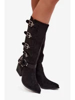 Kozačky Kovbojky na podpatku s přezkami Černé Fivelle