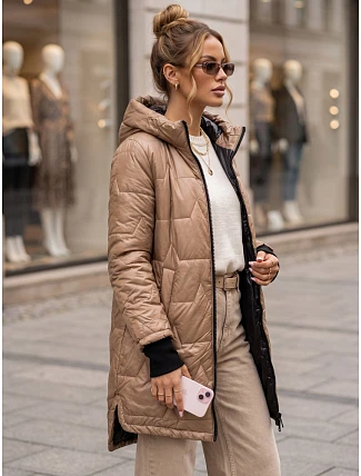 Dámská prošívaná přechodová bunda s kapucí, béžová, FashionStreet TY5791 Dámská prošívaná přechodová bunda s kapucí, béžová, FashionStreet TY5791