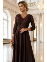 309-14 AMBER elegantní dlouhé krajkové šaty s výstřihem - čokoládové