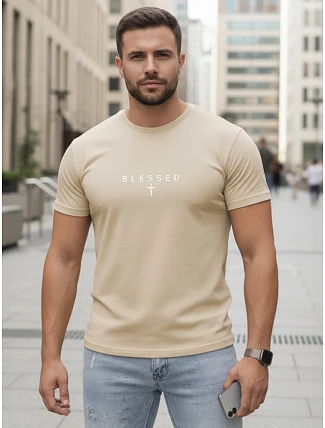 Pánské bavlněné tričko s potiskem BLESSED beige FashionStreet NX5124R Pánské bavlněné tričko s potiskem BLESSED beige FashionStreet NX5124R