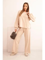 Dámský bavlněný komplet se širokými nohavicemi a mikinou s dlouhým rukávem béžový