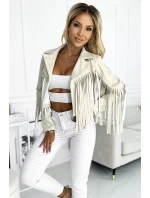 624-1 Krátká bunda s třásněmi z měkké ekokůže - béžová