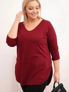 Dámská bavlněná blůza Plus Size s výstřihem do V a ohrnutým rukávem bordová