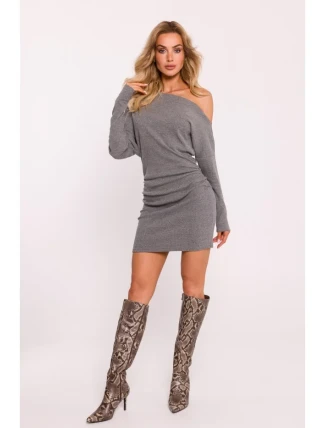 M818 Pletené šaty s kapkou na ramenou - šedý melír